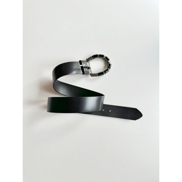 DANIER Black Leather Studded Brushed Silver Heavy Duty Buckle Hip Belt, Size M - Picture 2 of 13